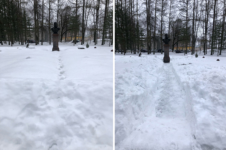 Было и стало... Волонтеры ТГСХА убрали снег возле памятника И. В. Гурко в канун исторической даты